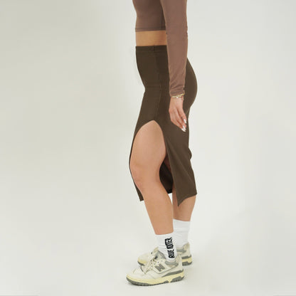 HIGH WAIST SPLIT THIGH SKIRT - ARMY BROWN
