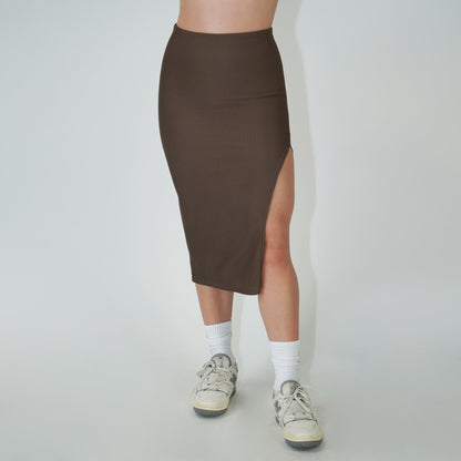 HIGH WAIST SPLIT THIGH SKIRT - ARMY BROWN